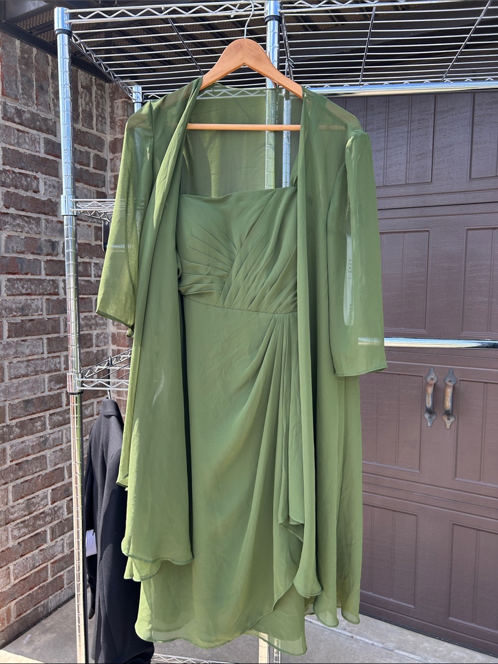 Azazie Olive Green Chiffon Midi Dress with Sheer Jacket
